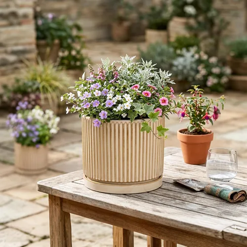 Vista 4 de 8 Inch Flower Pot, Ceramic Planters, Round Plant Pot, Beige
