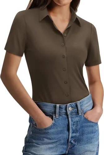 Vista 18 de Gleeivy Camisas con botones para mujer, ajustadas, de manga corta, elásticas, para el trabajo, sin arrugas, blusas de oficina