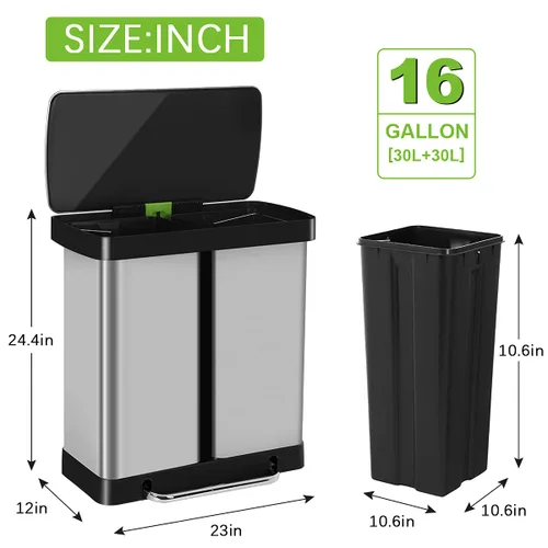 Vista 2 de Basurero de cocina de acero inoxidable de 16 galones/60 litros con tapa y doble barril, cubo de basura clasificado de alta capacidad para reciclaje