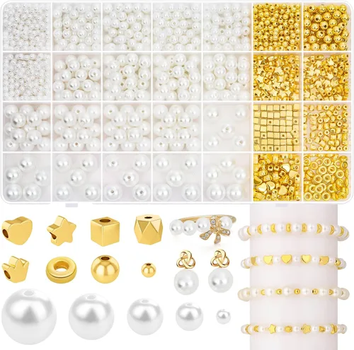 Vista 8 de Audab Cuentas de perlas para hacer pulseras, 970 cuentas espaciadoras de perlas y doradas para hacer joyas