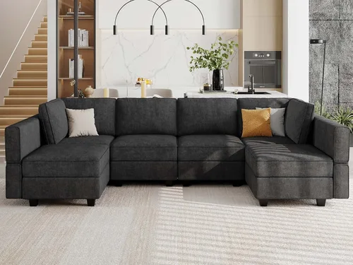 Vista 11 de Belffin Sofá en forma de U Sofá modular reversible de almacenamiento otomano Sofá de 6 plazas sofás grandes Sofá en forma de U Negro