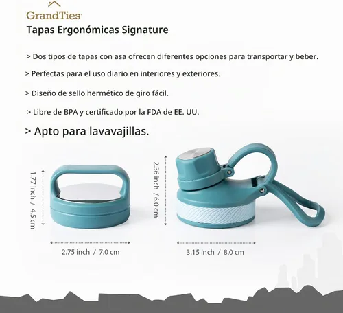 Vista 2 de GrandTies Botellas de agua deportivas de acero inoxidable con 2 tapas – Boca ancha aislada al vacío reutilizable a prueba de fugas sin BPA, Cantín