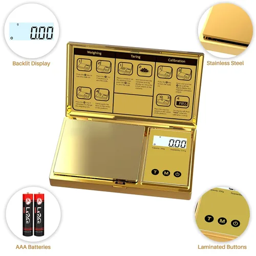 Vista 3 de Báscula digital Gram 7.05 oz x 0.00 oz, báscula de bolsillo chapada en titanio dorado con pantalla LCD retroiluminada, 6 unidades, tara, apagado