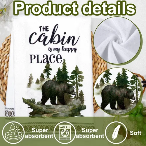 Vista 5 de Buryeah Juego de 4 toallas de cocina de cabaña de 23.6 x 16 pulgadas, diseño de oso de vida silvestre, ciervo, oso, decoración rústica, suave