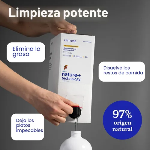Vista 3 de ATTITUDE Jabón para Platos, Verificado por EWG, Líquido para Lavar Platos a Base de Plantas y Vegano, De Origen Natural, Aroma a Ralladura