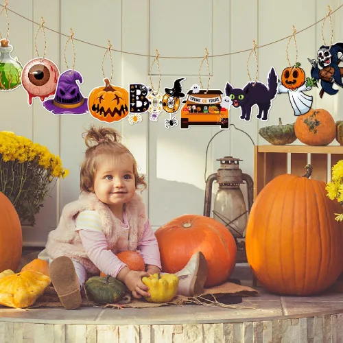 Vista 3 de Adornos de Halloween para árbol, decoraciones colgantes de árbol de Halloween, calabaza, gato negro, cráneo, murciélago, globo ocular, dulce