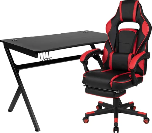 Vista 47 de Flash Furniture Juego de escritorio para juegos negro y silla de carreras blanco/negro con soporte para tazas, gancho para auriculares y soporte