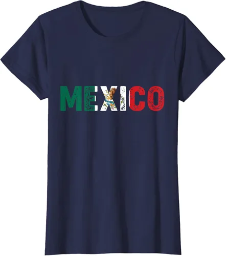Vista 26 de Camiseta con texto en inglés «Mexico Vintage Letras» como bandera mexicana, Negro