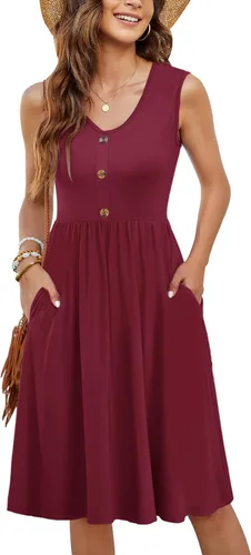 Vista 30 de MOLERANI - Vestidos de verano para mujer, sin mangas, casual, sueltos, acampanados, midi, con botones, con bolsillos Estampado Azul Marino Blanco