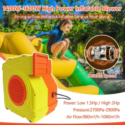 Vista 2 de Soplador inflable de casa de rebote, 1400W-1600W, 1.7 HP y 2 HP soplador inflable de doble velocidad, potente ventilador de aire para casa inflable