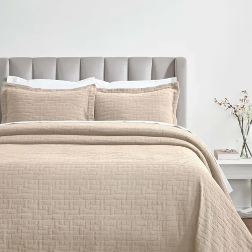 Vista 25 de Superior Fleur De Lis - Juego de colcha de algodón de 3 piezas, decoración de cama para el hogar, colcha decorativa con textura, 2 fundas de Granate