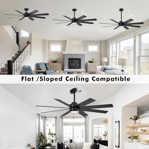 Vista 6 de WINGBO Ventiladores de techo CC grandes de 72 pulgadas con luces y control remoto, 3 varillas descendentes, 8 cuchillas de madera contrachapada