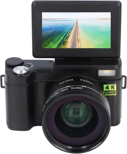Vista 4 de Cámara digital 4K Auto Focus Anti Shake 48MP Vlogging Cámara 32G Tarjeta 180 grados Flip Screen 0.45X Lente macro gran angular (negro)