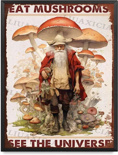 Vista 9 de Letrero retro de hojalata con texto en inglés "Eat Mushrooms See The Universe for Kitchen Bar Garage Decor 8.00"x12.00
