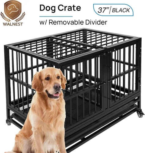 Vista 9 de Jaula indestructible para perros de 37 pulgadas con panel divisor extraíble, jaula resistente para mascotas para dos perros con ruedas de bandeja