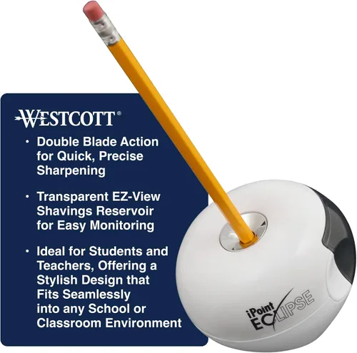 Vista 2 de Westcott iPoint Eclipse - Sacapuntas de batería, tecnología única de dos cuchillas, depósito EZ-View, requiere 4 pilas AA, blanco, para el hogar