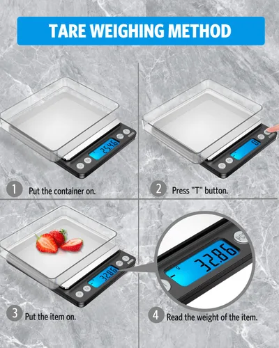 Vista 2 de AMIR - Báscula digital de cocina, 17.64 oz, báscula de bolsillo para joyas, báscula de cocina con pantalla LCD retroiluminada, 2 bandejas, 6
