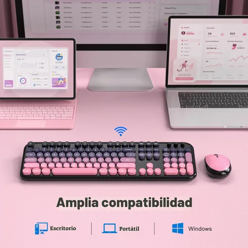 Vista 5 de Atelus Combo de teclado inalámbrico y ratón, máquina de escribir de tamaño completo con teclado numérico y mouse conectado USB 2 en 1 para PC Rosado