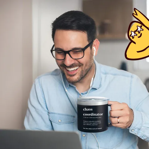Vista 2 de Chaos Coordinator - Vaso negro de 14 onzas para hombre, diseño de agradecimiento, corporativo, día del jefe, regalos de oficina para hombres, tazas