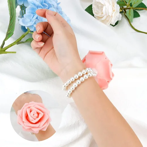 Vista 6 de Pulsera de perlas con ramillete de muñeca elástica para muñeca, pulsera elástica de perlas para boda, ramillete de perlas de imitación, Seda