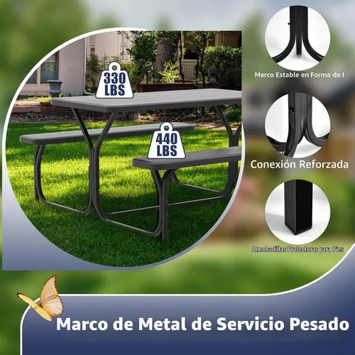 Vista 7 de GYMAX Mesa de Picnic, Banco de Picnic Fácil de Montar con Tablero de Grano de Madera Resistente a Cualquier Clima y Marco de Metal, Mesas de Picnic