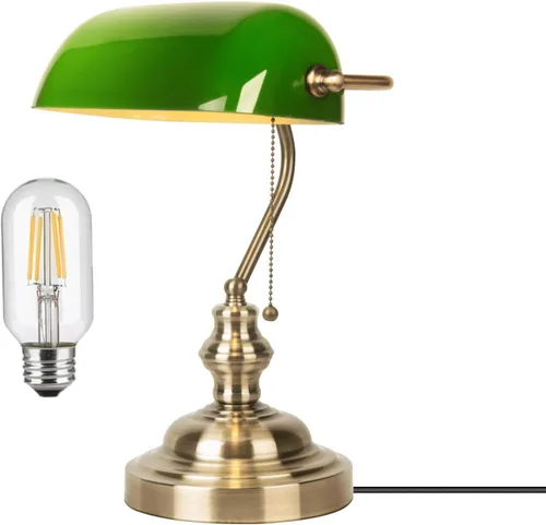 Vista 9 de Lámpara de Banco de Vidrio Verde, Lámpara de Escritorio Retro con Puerto de Carga Inalámbrica USB, Lámpara de Mesa con Cadena Clásica, para Mesita