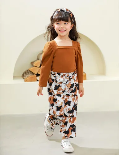 Vista 2 de Conjunto de 3 piezas de ropa para niña pequeña, cuello cuadrado, manga larga abombada, pantalones a rayas + diadema