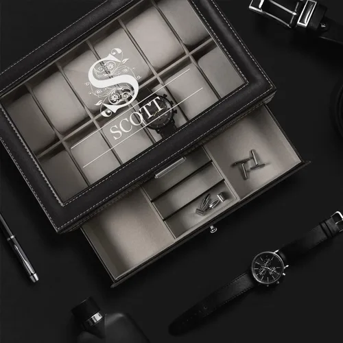 Vista 3 de Maverton Organizador de exhibición de relojes para hombres 12 ranuras Elegante caja personalizada para hombre Estuche para coleccionista Soporte