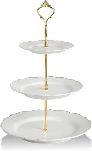 Vista 17 de Sweejar Soporte de cerámica para tartas de 3 niveles, soporte para postres, soporte para cupcakes, bandeja para servir pasteles de fiesta de té