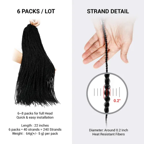 Vista 2 de AU-THEN-TIC Cabello senegalés con trenzas de ganchillo de 22 pulgadas, paquete de 2 paquetes de 40 mechones por paquete, extensiones de cabello