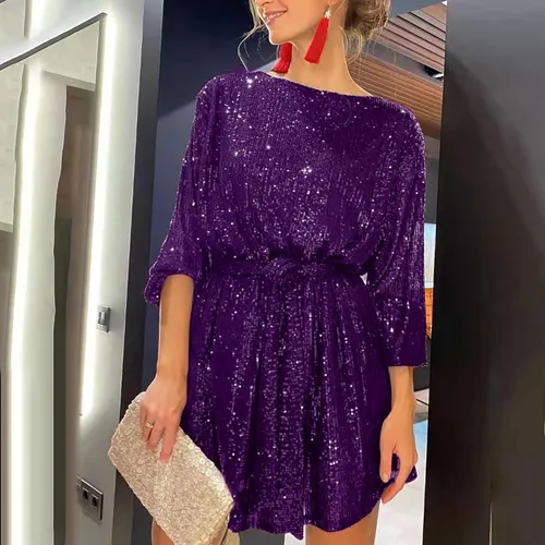 Vista 2 de TREBIN Vestido corto de lentejuelas para mujer, holgado, de manga larga, recto, con purpurina, para fiesta, vestido de lentejuelas