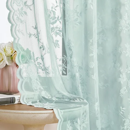 Vista 42 de Cortinas de encaje beige, juego de 2 paneles de cortinas traslúcidas con bolsillo para cortinero, decoración de ventana pequeña, baño, sótano