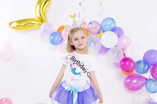 Vista 5 de Vestido de tutú de lavanda para niñas con camiseta de cumpleaños de sirena y diadema, 3-8 años