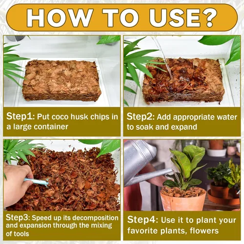 Vista 5 de Zeedix Paquete de 2 chips de cáscara de coco para plantas, mantillo de chips de coco 100% orgánico con bajo equilibrio de EC y PH, multiuso