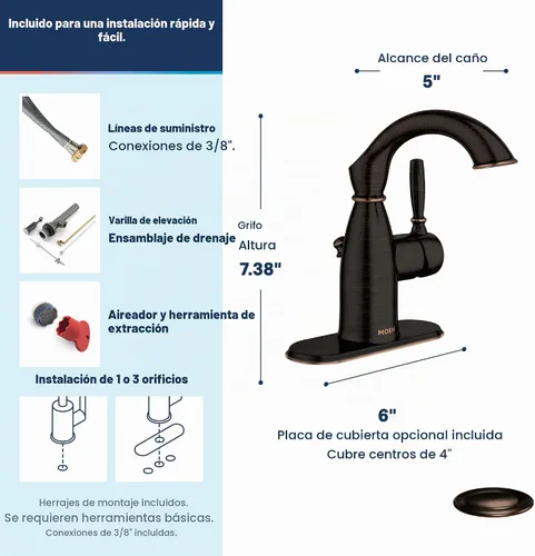 Vista 3 de Moen Sarona Bronce Mediterráneo de un solo mango y un solo agujero grifo de lavabo de baño rústico de estilo granja con placa de cubierta opcional