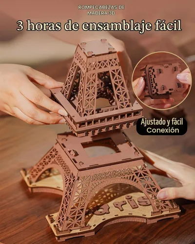 Vista 5 de Rolife Rompecabezas de madera 3D para adultos, Set grande de Torre Eiffel-Juegos de construcción de modelo LED, kits de arquitectura de París como