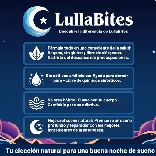 Vista 4 de LullaBites - Gomitas naturales para dormir - Hechas en Estados Unidos - Con 5-HTP, L-teanina, magnesio y raíz de valeriana - Sin melatonina - Vegano