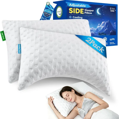 Vista 14 de Almohadas para dormir de lado para comodidad de cuello y hombros, diseño ergonómico de media luna curvada, espuma viscoelástica triturada ajustable