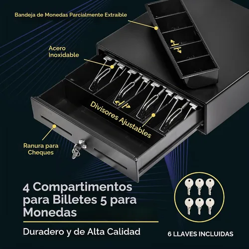 Vista 3 de Volcora Cajón manual de 13" para caja registradora con apertura por presión para sistema de punto de venta (POS), cajón resistente color negro con 4