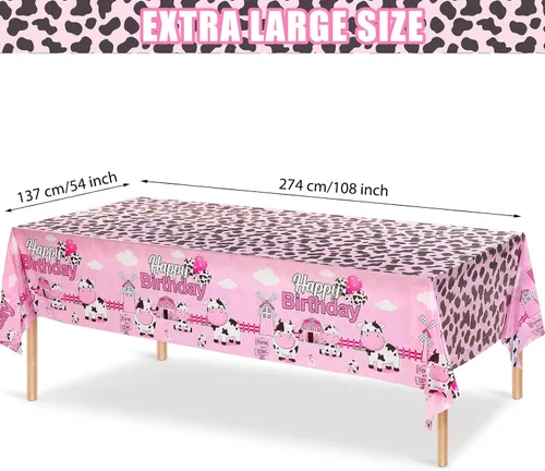 Vista 2 de Tiamon 3 manteles de plástico de 108 x 54 pulgadas para fiesta de cumpleaños de vaca, funda de mesa con estampado de vaca rosa, manteles de animales