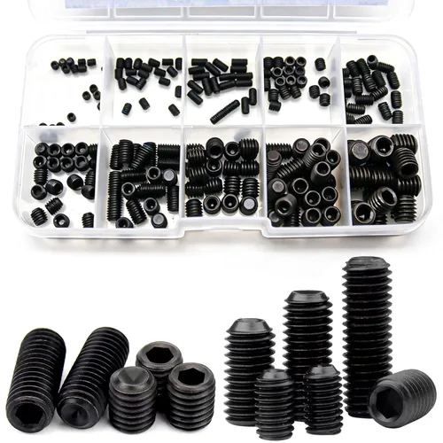 Vista 5 de AXK 200 tornillos de acero de aleación de óxido negro, puntas planas, sujetadores hexagonales M3-M8 sin cabeza para torno y accesorios pesados