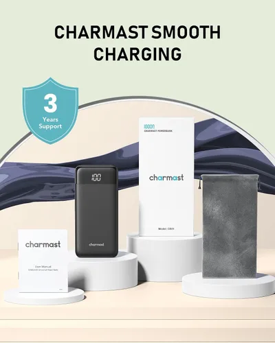 Vista 9 de Charmast Cargador portátil con cables incorporados, batería externa delgada de 10,000 mAh, cargador externo de alta velocidad con puerto USB C