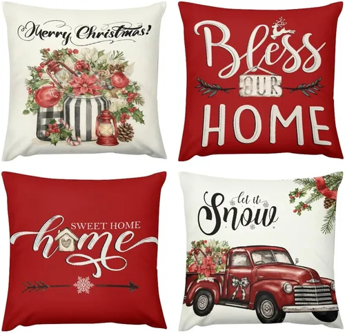 Vista 21 de Juego de 4 fundas de almohada decorativas de árbol de Navidad con estampado de ambos lados, 16 x 16 pulgadas, fundas de almohada de bosque