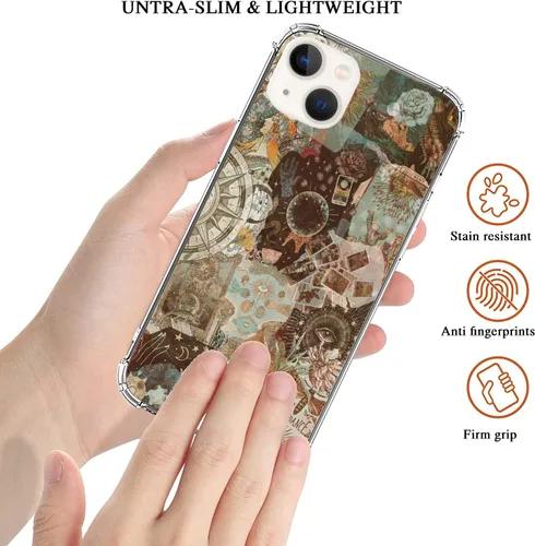 Vista 2 de Funda para iPhone 15, diseño vintage celestial, sol, luna, estrella, collage de estrellas, planeta y espacio, para niñas, mujeres y hombres, funda