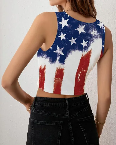 Vista 5 de Camiseta corta con bandera estadounidense para mujer, patriótica de Estados Unidos, para el 4 de julio, sexy, expuesta, suave, para verano, sin