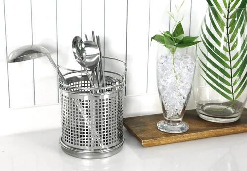 Vista 8 de LENITH Soporte redondo para utensilios de cocina de acero inoxidable – Base pesada para estabilidad – Utensilios de cocina con divisor extraíble