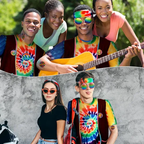 Vista 5 de Hotop Conjunto de disfraz hippie de los años 60 y 70 para mujeres y hombres chaleco hippie teñido anudado camiseta con signo de la paz collar