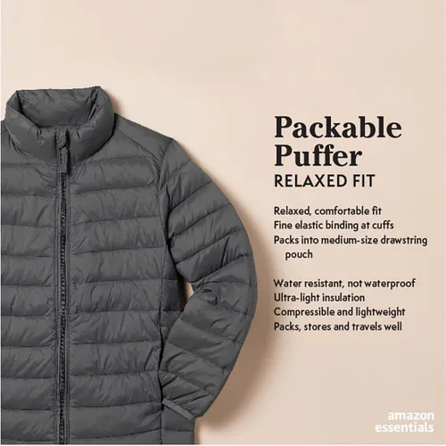 Vista 2 de Amazon Essentials Chaqueta ligera, resistente al agua, con capucha, acolchada y plegable para niños y niñas pequeñas