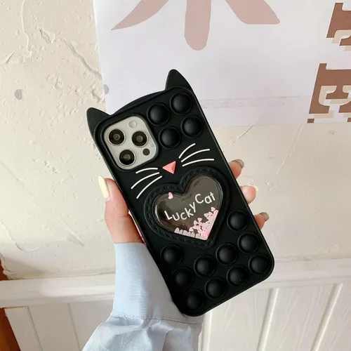 Vista 2 de Pop Case para iPhone 12/12 Pro, Funda de silicona con burbujas de gato negro afortunado de dibujos animados, brillo, estrellas, burbujas de arena