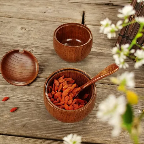 Vista 9 de Paquete de 2 tarros de condimentos japoneses, tarros de especias de madera maciza con tapa y cuchara, contenedor de madera de azufaifo, madera